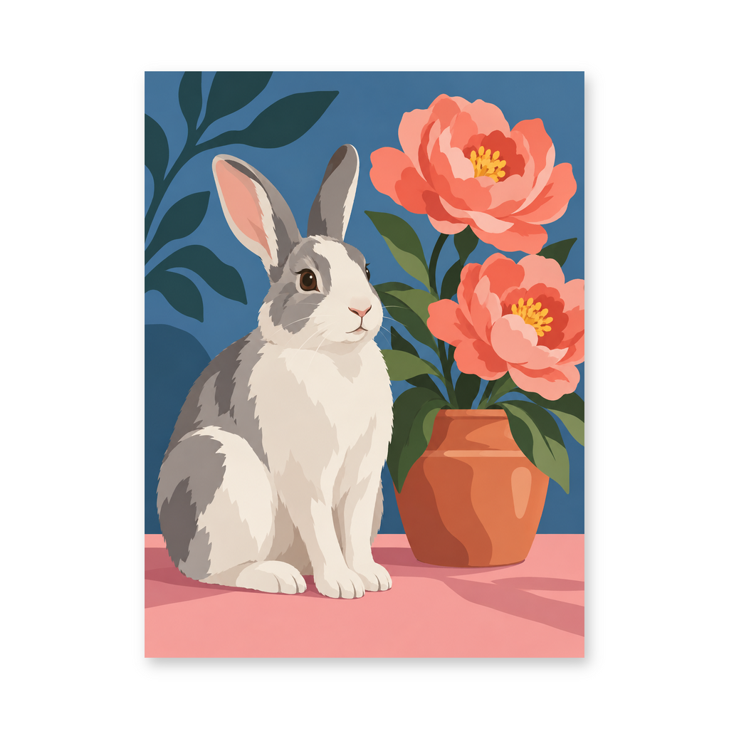 A gray-and-white rabbit sitting beside a terracotta vase of coral peonies - animal paint by numbers artwork