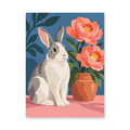 A gray-and-white rabbit sitting beside a terracotta vase of coral peonies - animal paint by numbers artwork