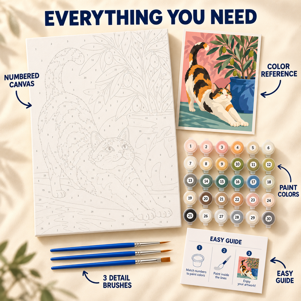 Stretching Calico paint by numbers kit showing numbered canvas, paint pots, three detail brushes, color reference and guide