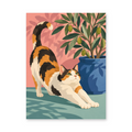 A calico cat stretching beside a blue plant pot against a pink botanical backdrop - animal paint by numbers artwork