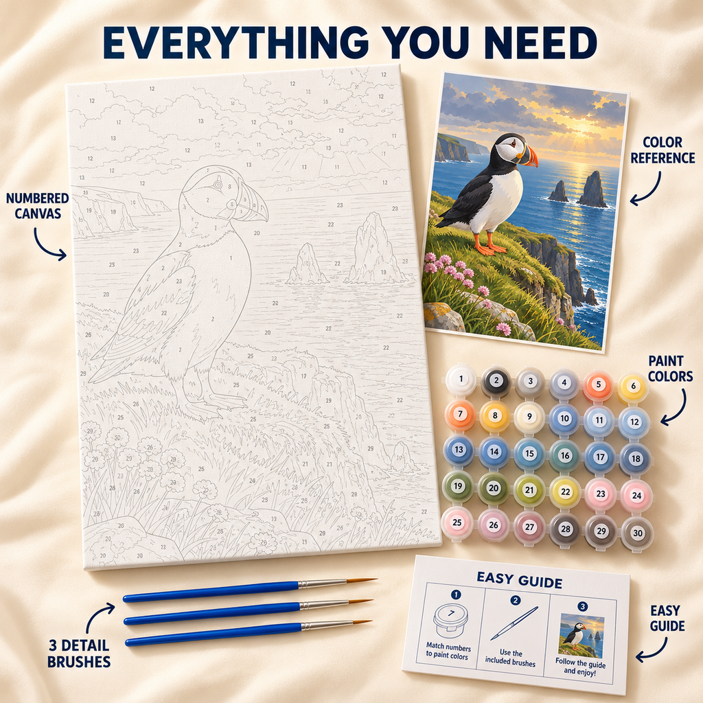 Coastal Puffin paint by numbers kit showing numbered canvas, paint pots, three detail brushes, color reference and guide