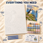 Coastal Puffin paint by numbers kit showing numbered canvas, paint pots, three detail brushes, color reference and guide