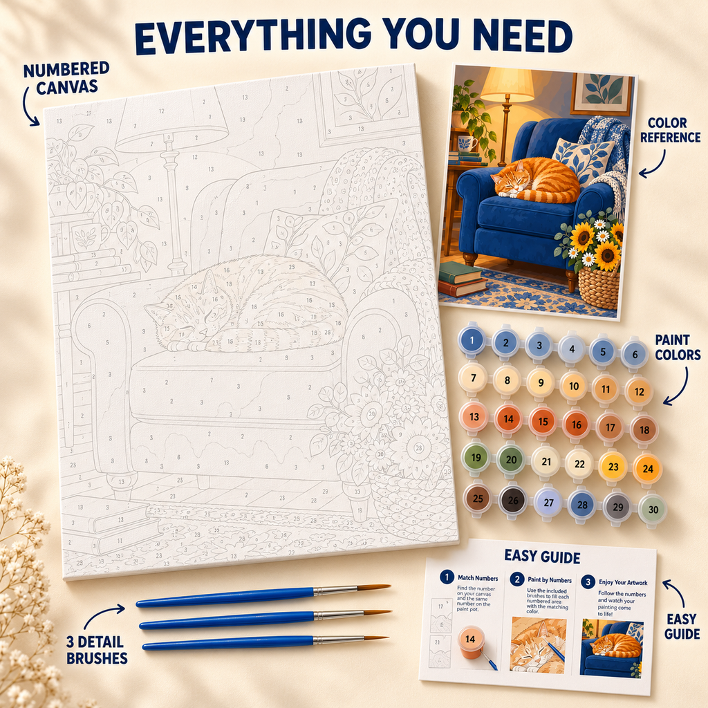 Fireside Catnap paint by numbers kit showing numbered canvas, paint pots, three detail brushes, color reference and guide