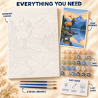 Mountain Elk paint by numbers kit showing numbered canvas, paint pots, three detail brushes, color reference and guide