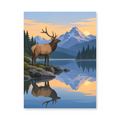 An elk standing beside a still alpine lake with pine trees and a snowy mountain reflected in the water - animal paint by numbers artwork