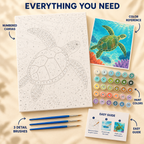 Reef Turtle paint by numbers kit showing numbered canvas, paint pots, three detail brushes, color reference and guide