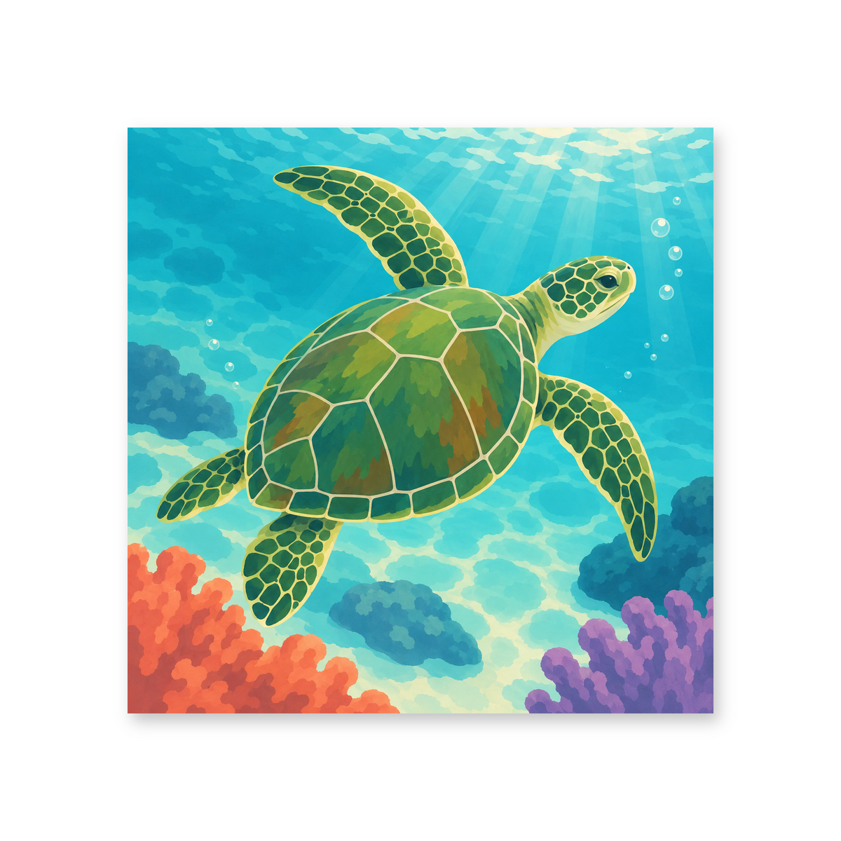 A green sea turtle swimming above a colorful coral reef beneath sunlit turquoise water - animal paint by numbers artwork