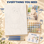 Window Ragdoll paint by numbers kit showing numbered canvas, paint pots, three detail brushes, color reference and guide