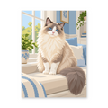 A fluffy blue-eyed cat seated on a striped cushion beside a sunny window and houseplants - animal paint by numbers artwork