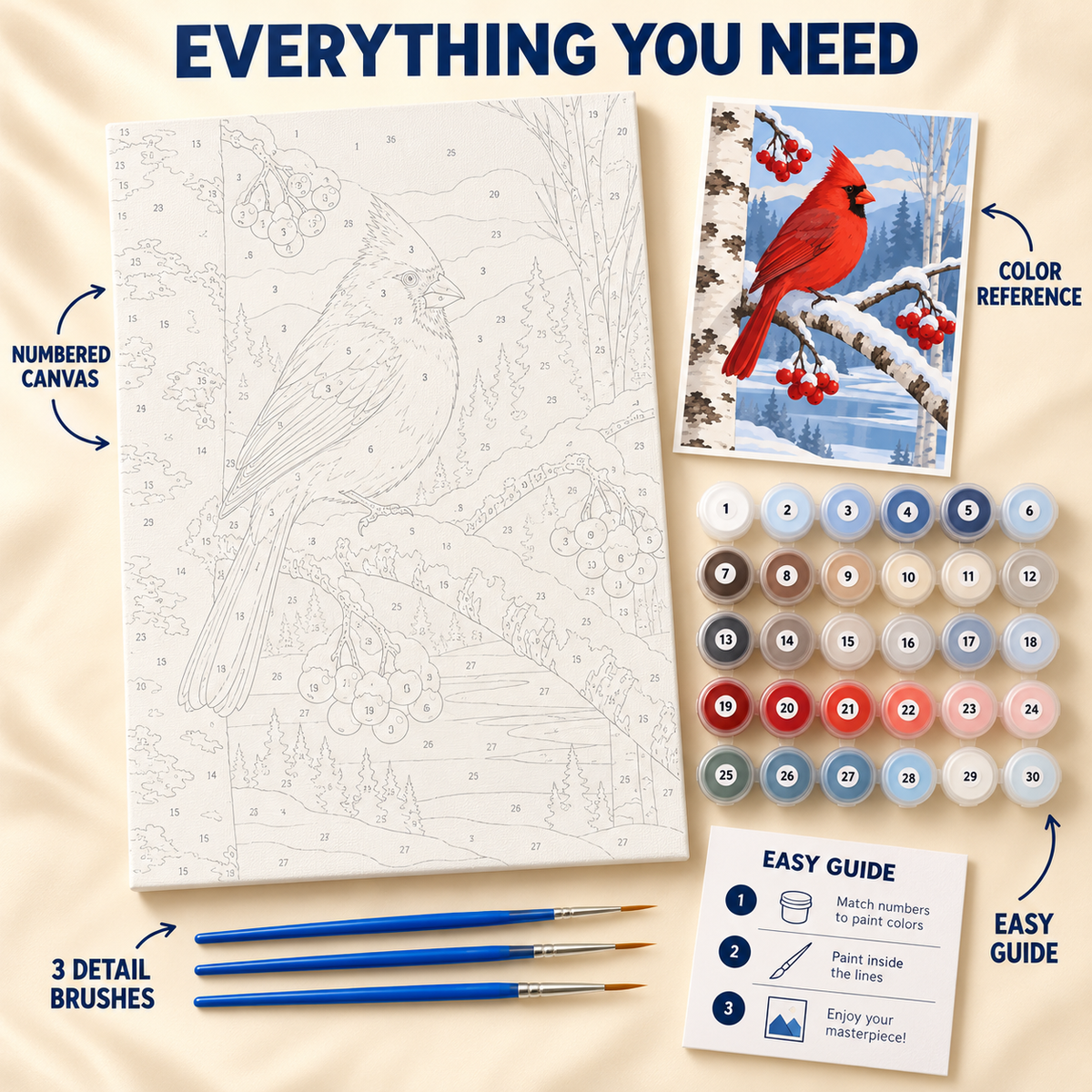 Winter Cardinal paint by numbers kit showing numbered canvas, paint pots, three detail brushes, color reference and guide
