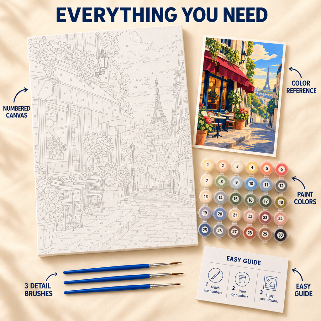 Paris Cafe paint by numbers kit showing numbered canvas, paint pots, three brushes, color reference and guide