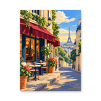 A sunlit Parisian cafe with a red awning, flower-filled planters and the Eiffel Tower beyond a cobbled street - finished paint by numbers artwork