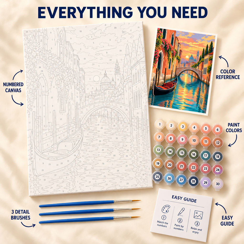 Venice Sunset paint by numbers kit showing numbered canvas, paint pots, three brushes, color reference and guide