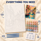 Venice Sunset paint by numbers kit showing numbered canvas, paint pots, three brushes, color reference and guide