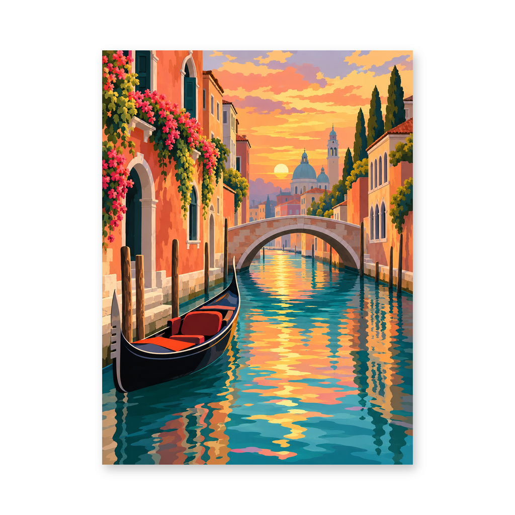 A gondola on a Venetian canal, a stone bridge and warm sunset reflections between colorful buildings - finished paint by numbers artwork