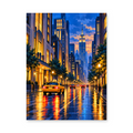 A yellow taxi on a rainy Manhattan street with glowing windows and blue-and-gold city reflections - finished paint by numbers artwork