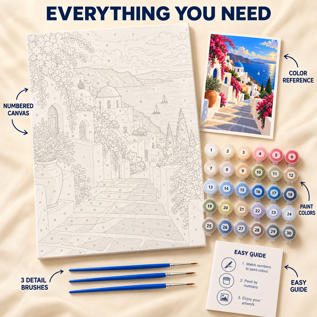 Santorini Steps paint by numbers kit showing numbered canvas, paint pots, three brushes, color reference and guide