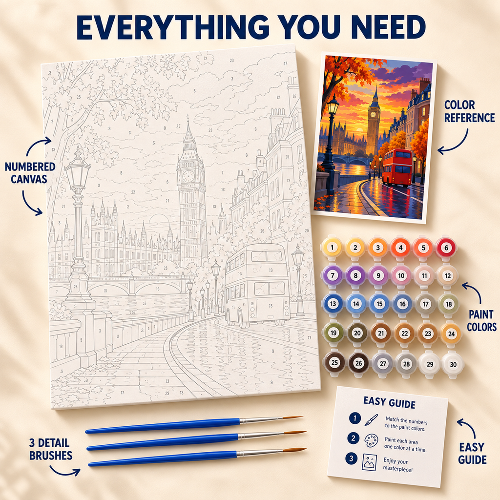 London Autumn paint by numbers kit showing numbered canvas, paint pots, three brushes, color reference and guide
