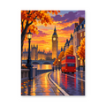 Big Ben and a red double-decker bus beside the Thames beneath a glowing autumn sky - finished paint by numbers artwork