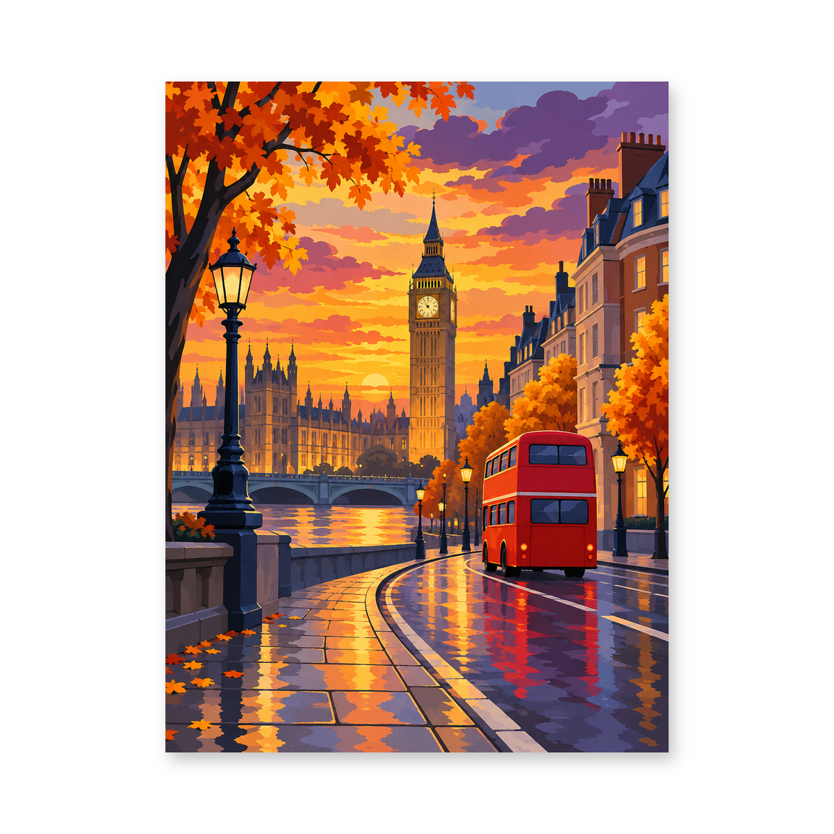 Big Ben and a red double-decker bus beside the Thames beneath a glowing autumn sky - finished paint by numbers artwork