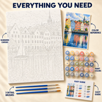 Stockholm Harbor paint by numbers kit showing numbered canvas, paint pots, three brushes, color reference and guide