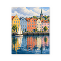 Colorful waterfront townhouses and a white sailboat reflected in a calm Stockholm harbor - finished paint by numbers artwork