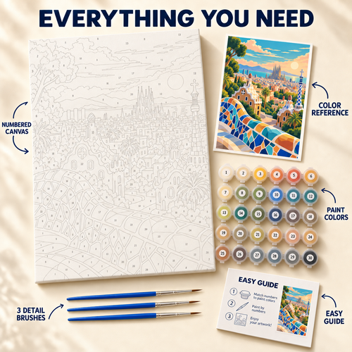 Barcelona Mosaic paint by numbers kit showing numbered canvas, paint pots, three brushes, color reference and guide