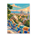 A colorful curved mosaic bench overlooking Barcelona and the distant Sagrada Familia - finished paint by numbers artwork