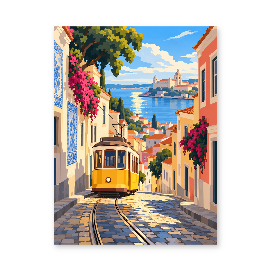 A yellow tram on a steep Lisbon street framed by tiled facades, pink flowers and blue waterfront views - finished paint by numbers artwork