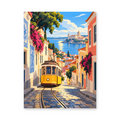 A yellow tram on a steep Lisbon street framed by tiled facades, pink flowers and blue waterfront views - finished paint by numbers artwork