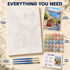 San Francisco Hills paint by numbers kit showing numbered canvas, paint pots, three brushes, color reference and guide