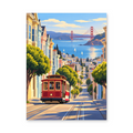 A red cable car descending a sunny San Francisco street toward the Golden Gate Bridge - finished paint by numbers artwork