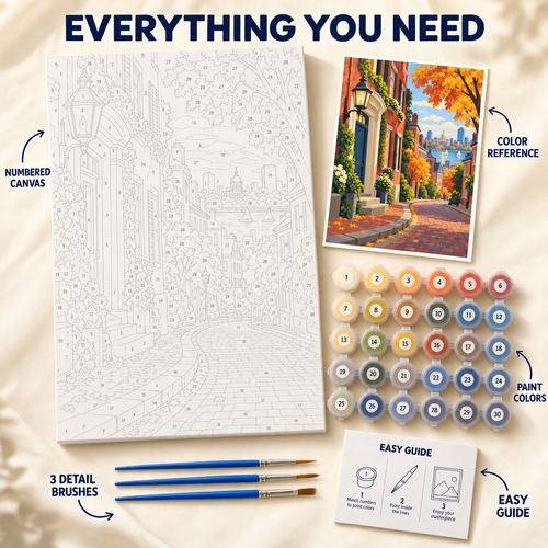 Autumn Lane paint by numbers kit showing numbered canvas, paint pots, three brushes, color reference and guide
