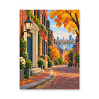 An autumn lane lined with brick townhouses, glowing street lamps and golden leaves - finished paint by numbers artwork
