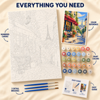 Paris Evening paint by numbers kit showing numbered canvas, paint pots, three brushes, color reference and guide