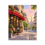 A Paris cafe with red awnings and flower pots along a cobbled street facing the Eiffel Tower at dusk - finished paint by numbers artwork
