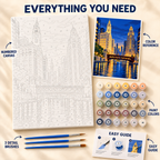 Chicago River paint by numbers kit showing numbered canvas, paint pots, three brushes, color reference and guide