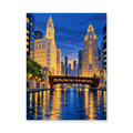 Illuminated Chicago towers and a steel bridge reflected in the river at blue hour - finished paint by numbers artwork