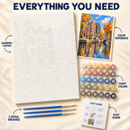 Amsterdam Autumn paint by numbers kit showing numbered canvas, paint pots, three brushes, color reference and guide