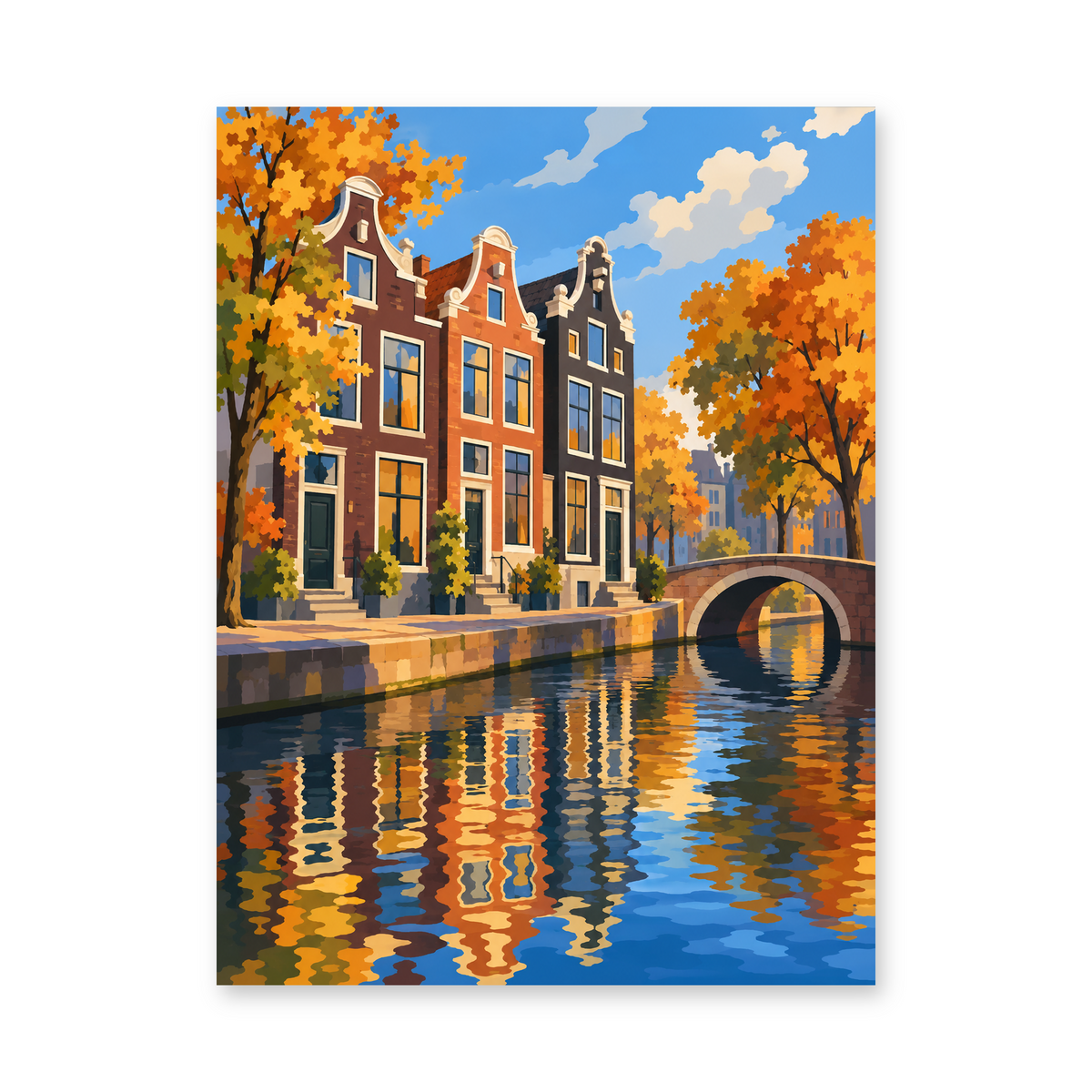 Amsterdam canal houses, a stone arch bridge and golden autumn trees reflected in the water - finished paint by numbers artwork