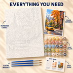 New York Autumn paint by numbers kit showing numbered canvas, paint pots, three brushes, color reference and guide