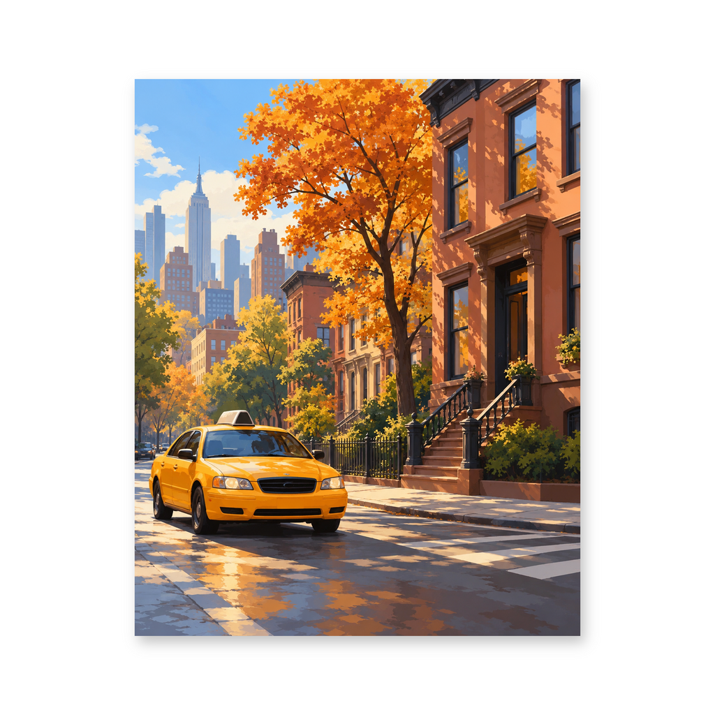 A yellow taxi beside New York brownstones and golden trees with the skyline in the distance - finished paint by numbers artwork