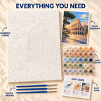 Roman Morning paint by numbers kit showing numbered canvas, paint pots, three brushes, color reference and guide