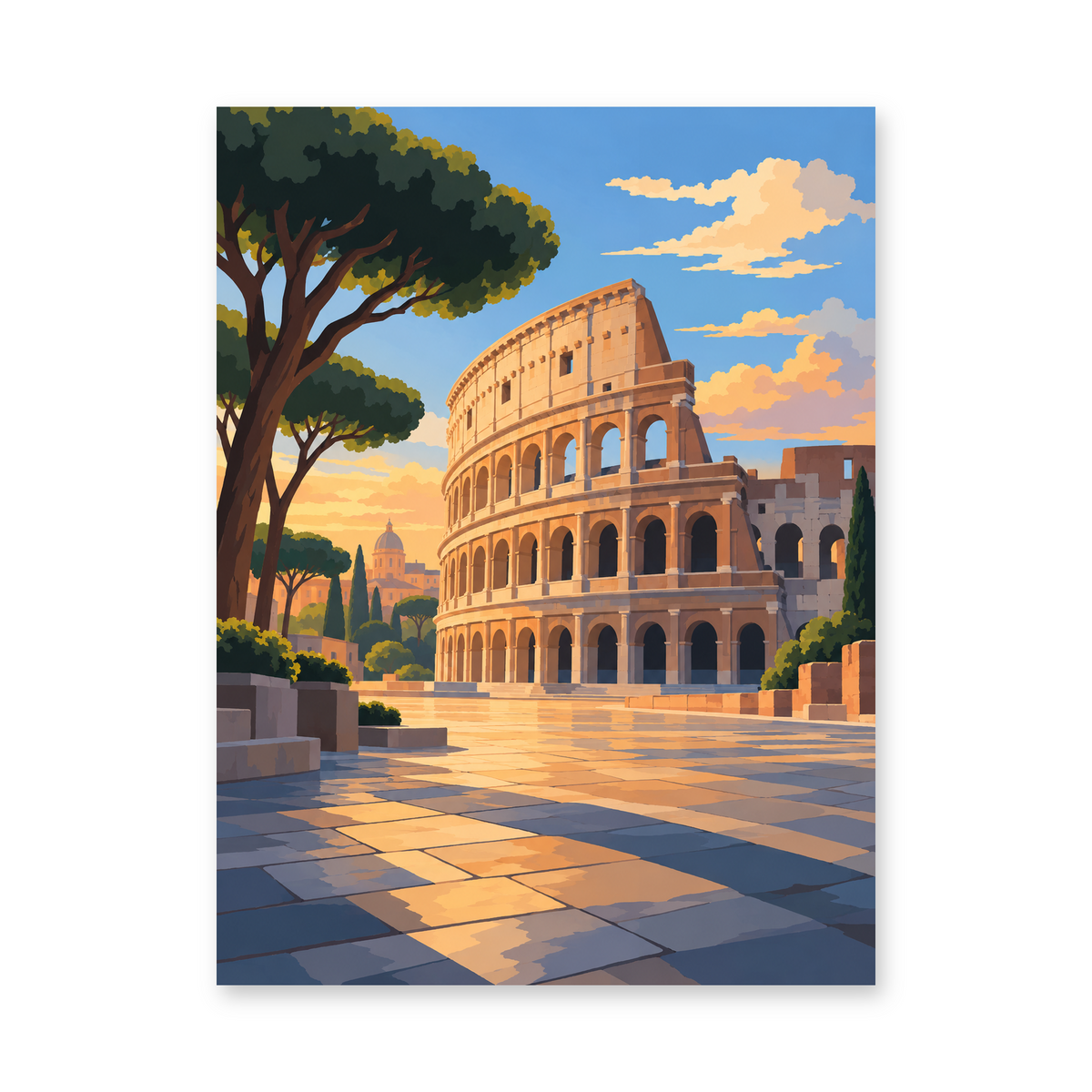 The Colosseum beside a sunlit Roman plaza and tall umbrella pines - finished paint by numbers artwork