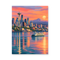 The Space Needle and Seattle skyline above waterfront reflections with a ferry and Mount Rainier - finished paint by numbers artwork