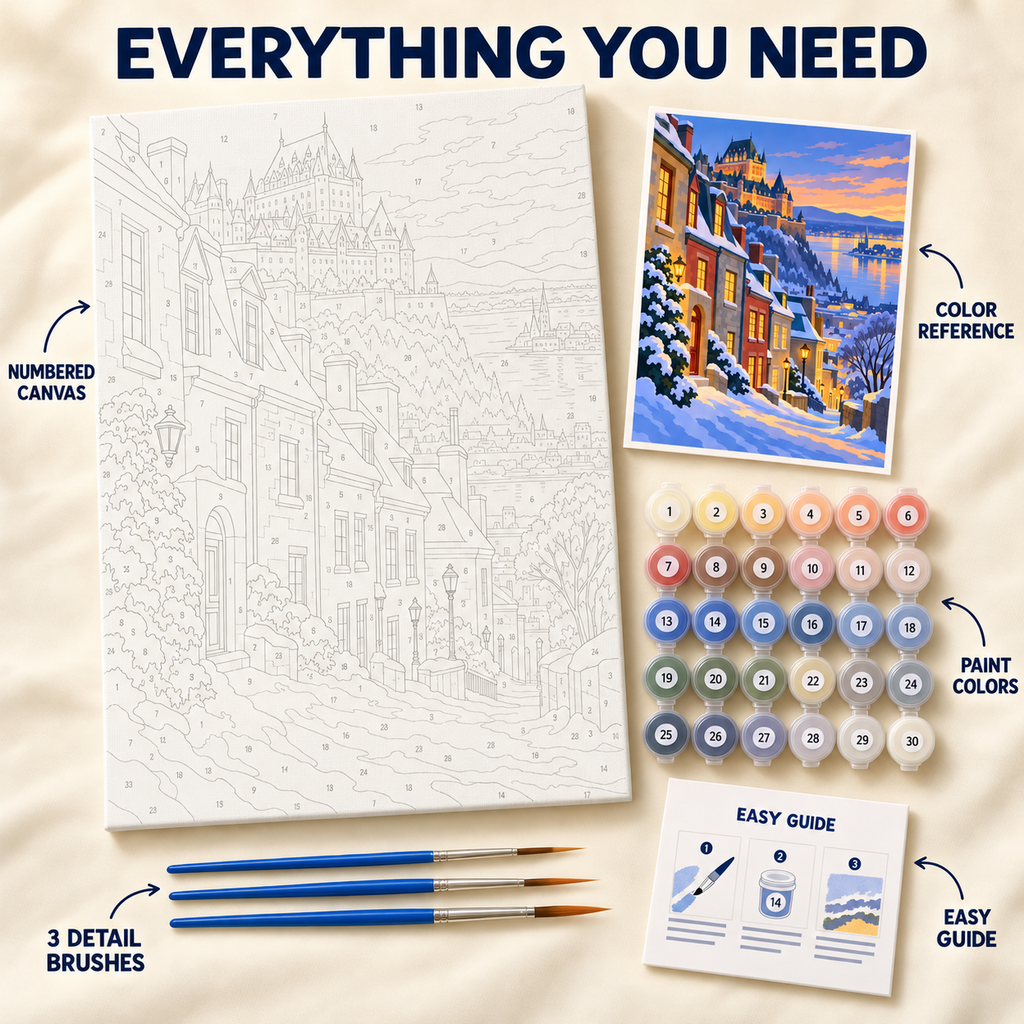 Quebec Winter paint by numbers kit showing numbered canvas, paint pots, three brushes, color reference and guide