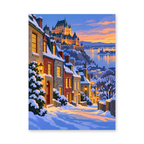 Snow-covered streets and colorful houses beneath the illuminated Chateau Frontenac at dusk - finished paint by numbers artwork
