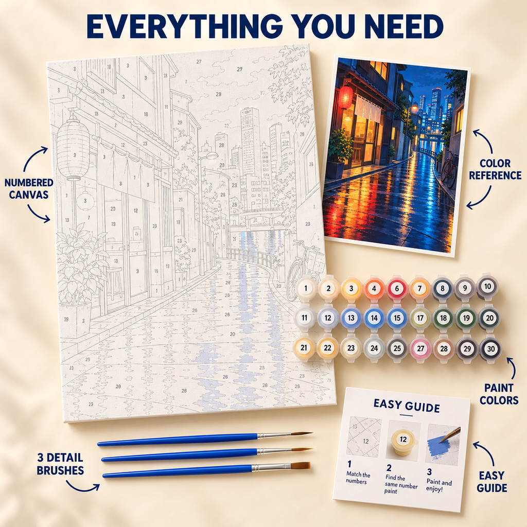 Tokyo Rain paint by numbers kit showing numbered canvas, paint pots, three brushes, color reference and guide