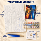 Tokyo Rain paint by numbers kit showing numbered canvas, paint pots, three brushes, color reference and guide