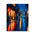 A narrow Tokyo street with a glowing red lantern, warm shop windows and rain-soaked reflections - finished paint by numbers artwork